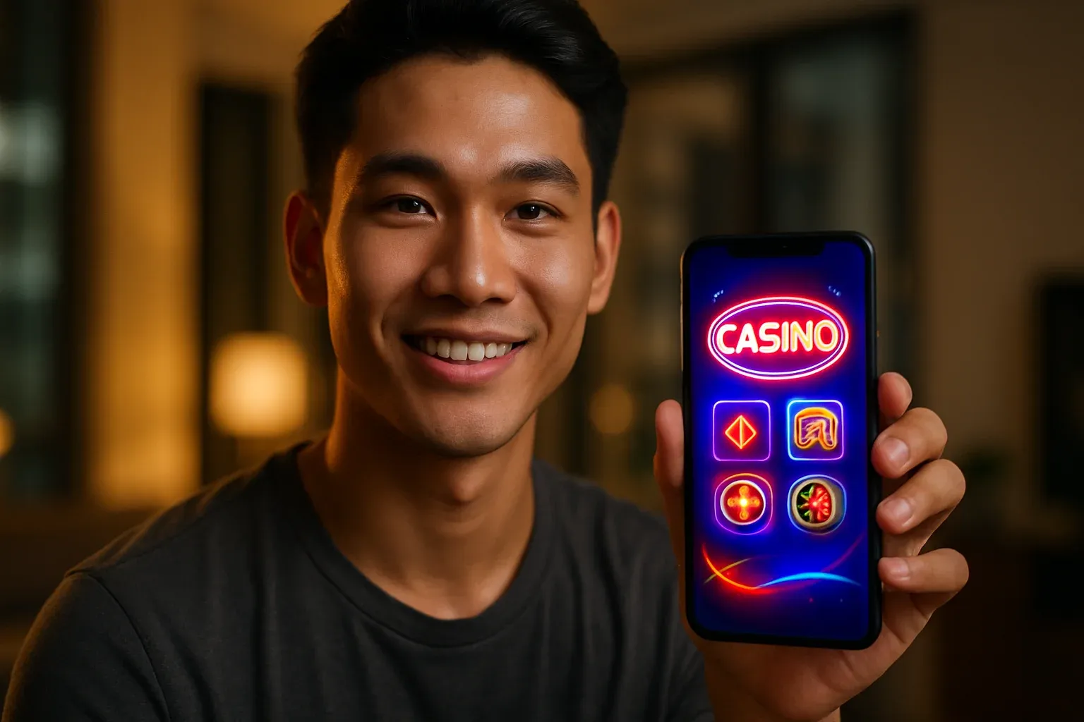 Chàng trai Việt cầm điện thoại hiển thị giao diện casino rực sáng