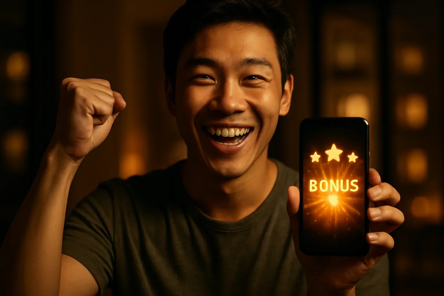 Chàng trai Việt Nam vui mừng giơ nắm tay, cầm smartphone hiện thưởng vàng
