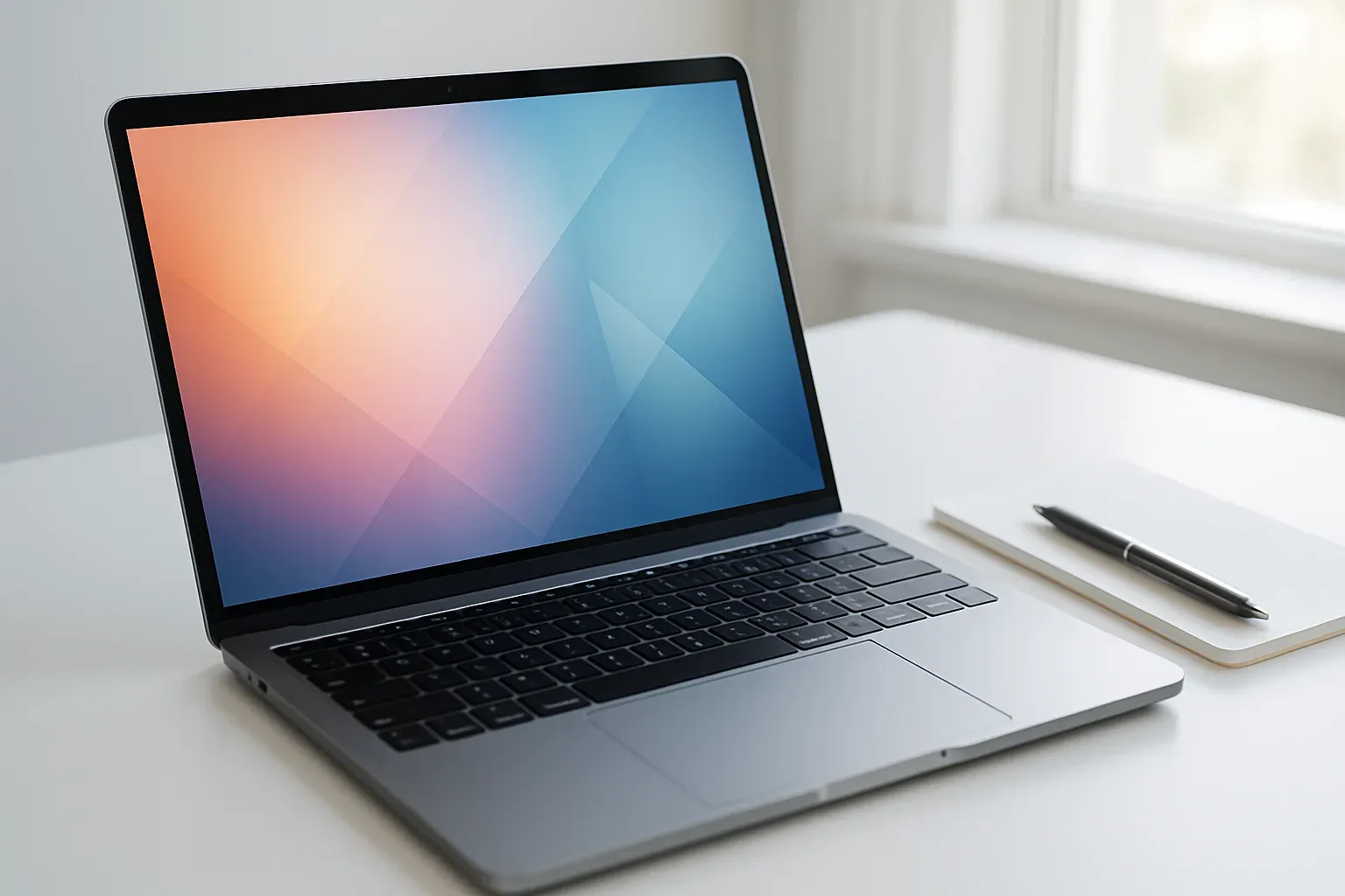 Laptop hiện đại trên bàn trắng, màn hình trừu tượng phát sáng