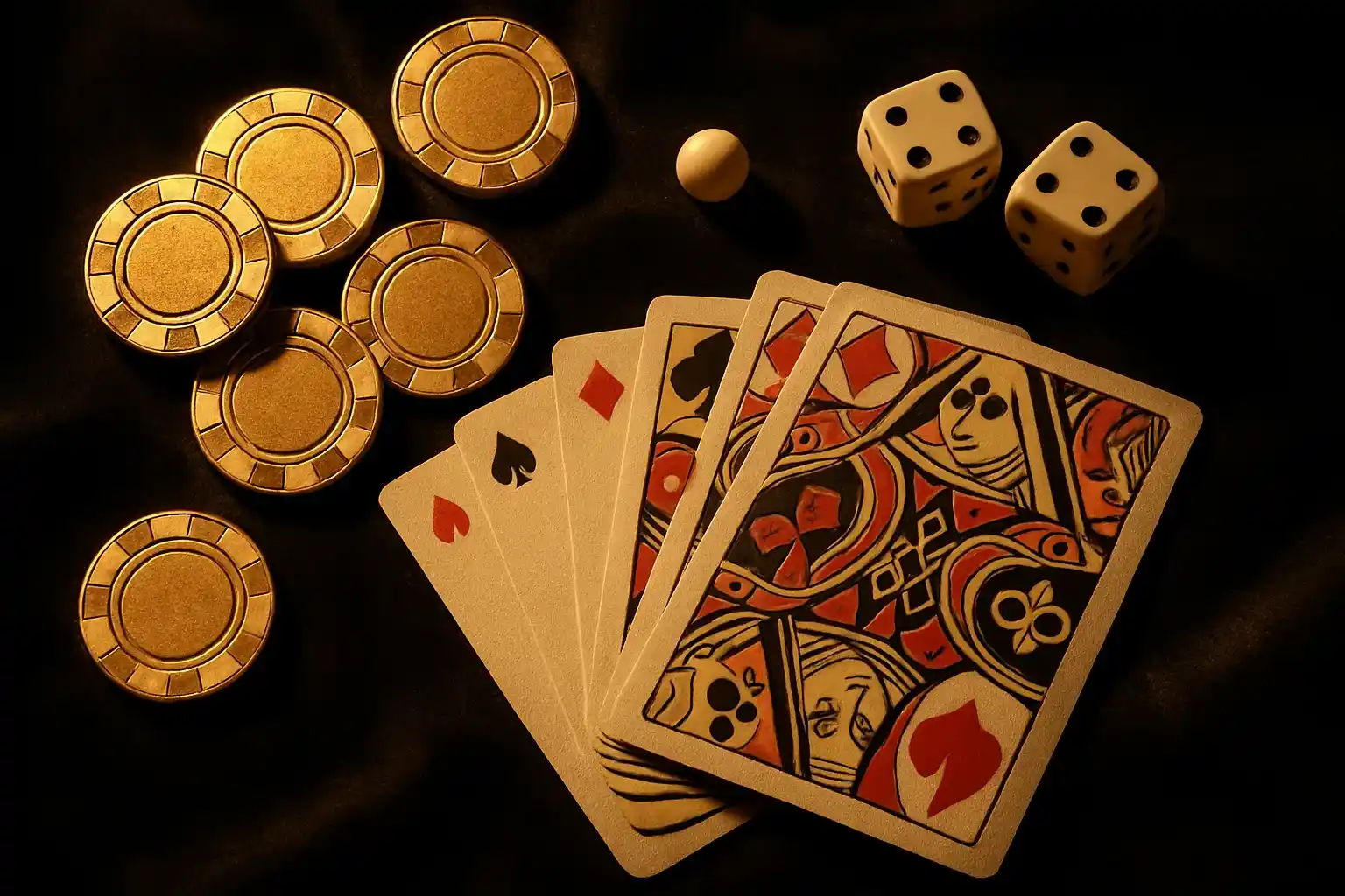 Flat-lay casino trên nhung tối với chip vàng, bài, xúc xắc, bóng roulette