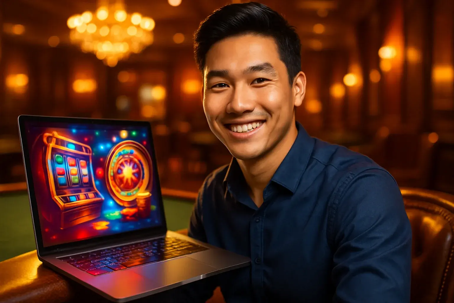 Chân dung nam Việt trẻ vui vẻ tại lounge casino, nhìn laptop mở