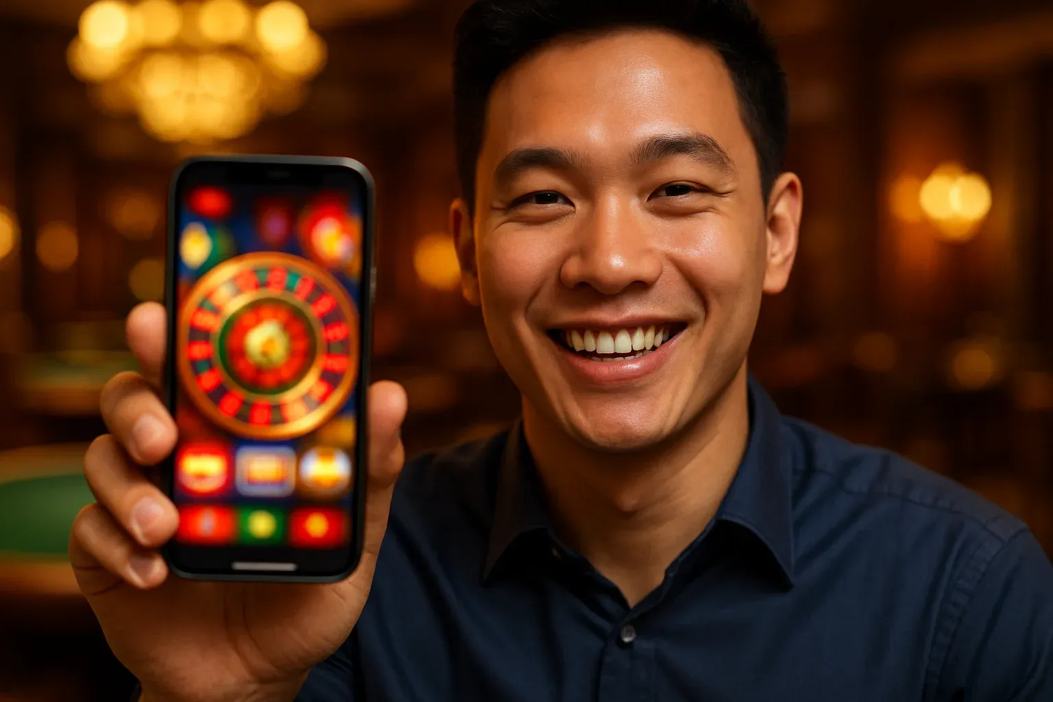 Chân dung nam Việt trẻ cười tươi cầm smartphone hiển thị app casino mờ